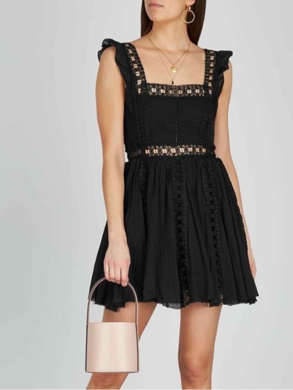 Free People‎ Verona Black Mini Raw Hem Dress M Boho Lace Cottagecore Favorite